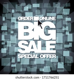 Big sale special offer, order online, vector banner design with paper bags on a blue backdrop