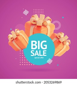 Big Sale Special Offer Poster Banner Card with Realistic Detailed 3d Present Box and Abstract Memphis Style Elements. Vector illustration