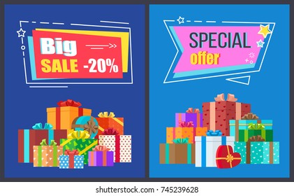 Big sale special offer promotion on blue background. Vector illustration with discount advert surrounded by presents wrapped in festive paper gifts