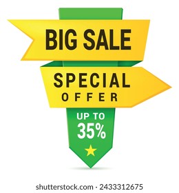 Big sale special offer sign arrow pointer shopping discount badge design template realistic vector illustration. Shop store clearance price off retail marketing tag money savings cost reduction emblem