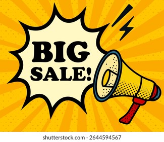 Big sale speech bubble. Megaphone, lightning, speech burst, sound lines, pop art style, loudspeaker, public speaking, yellow background, expression, voice, alert, broadcast