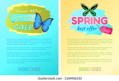 Big sale spring discount offer labels butterflies wings with black outlines and antenna, springtime creature vector web online posters set push buttons