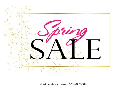 Big sale. Spring discounts. The inscription on a white background. Golden frame and confetti. Spring season.