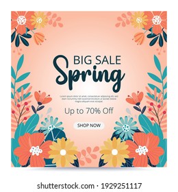 Big sale spring template and background. Spring sale. Vector illustration. Hand drwan. Spring banner with flowers.