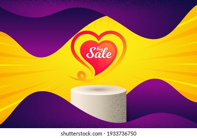 Big sale sticker. Background with podium platform. Discount banner shape. Love design icon. Dotted offer podium banner. Dotwork platform background. Big sale badge. Vector