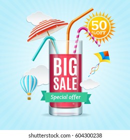 Big Sale Summer Concept Banner Card or Poster with Cocktail Glass Special Offer. Vector illustration