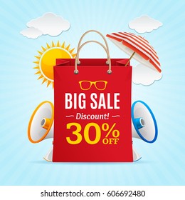 Big Sale Summer Concept Banner Card or Poster with Sun and Megaphone Symbol. Vector illustration