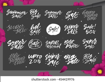 "Big Sale", "Summer Sale", "Super Discount", "Up to 20%" typography inscriptions set. Vector backgrounds with hand lettering calligraphic.