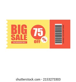 Big sale and super sale coupon discount 75% off. Vintage cinema ticket concert and festival event, movie theater coupon. promo code gift voucher and coupons template. Vector illustration.