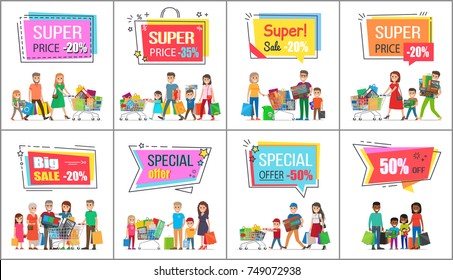 Big sale with super prise for wholesale purchases promotional posters set. Families out on shoppings with full bags and trolleys vector illustrations.