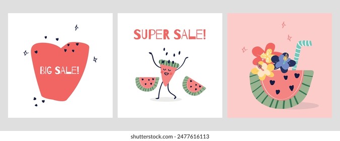 Big sale and super sale. Summer hand drawn card set. Summer posters with cute funny watermelon slice character. Watermelon cocktail. Summer postcards with sale lettering