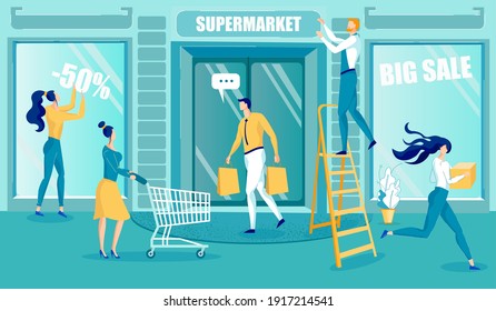 Big Sale in Supermarket. Shop Workers Hanging Advertisement about Discount. Happy People Cartoon Characters. Men and Women with Empty Trolley Cart, Paper Handbags. Vector Flat Illustration