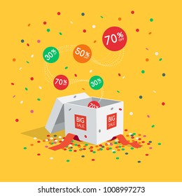 Big sale symbol with gift box, flying labels and confetti isolated on yellow background. Easy to use for your design with transparent shadows.