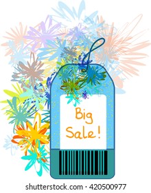 Big sale tag with barcode on floral background. Vector illustration.