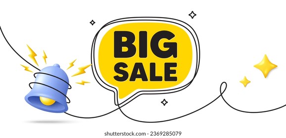Big Sale tag. Continuous line art banner. Special offer price sign. Advertising Discounts symbol. Big sale speech bubble background. Wrapped 3d bell icon. Vector