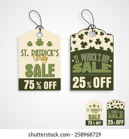 Big sale tag or label design with discount offer on grey background for Happy St. Patrick's Day celebration.