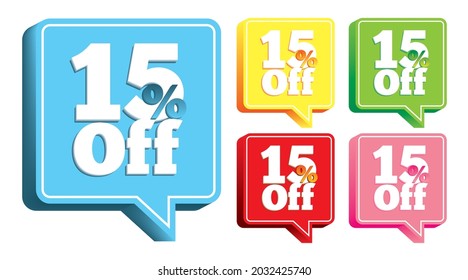 Big sale tag vector, beautiful and simple, icon, stamp, or Promotion tag 15% OFF 3D embossed colored square balloon for social media and retail sales on white background.