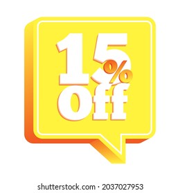 Big sale tag vector, beautiful and simple, icon, stamp, or Promotion tag 15% OFF 3D embossed colored yellow square balloon for social media and retail sales on white background.