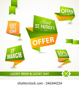 Big sale tags, ribbon and label design for Happy St. Patrick's Day celebration.