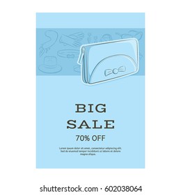 Big sale template banner. Pattern of accessories and a wallet or clutch. Blue shades. Vector illustration in hand drawing style for your design. EPS10 format.
