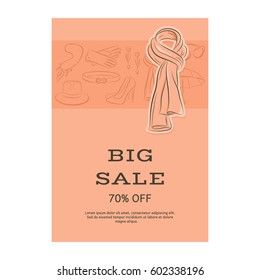Big sale template banner. Pattern of accessories and a scarf. Orange shades. Vector illustration in hand drawing style for your design.