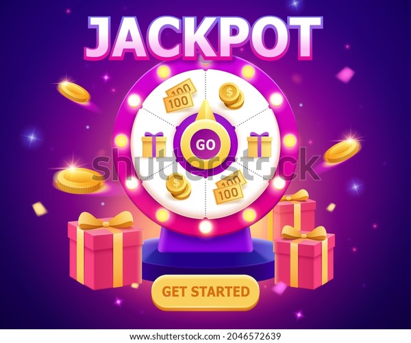 Big sale template. Luxury fortune spinning wheel\
with coins shooting out. Concept of winning coupon prizes in\
promoted sale event.