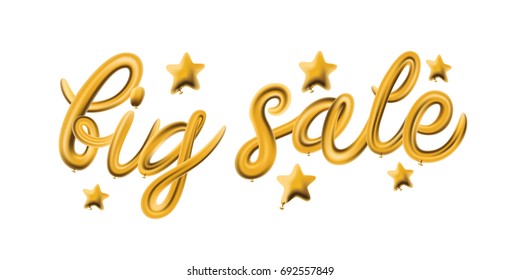 Big Sale template Made Of Glossy Gold Balloons. 3d Rendering Isolated on White Background. Golden Balloons Holiday Background. Gold Sale to you Logo, Promotional Banner, Card, Web Banner, Design.