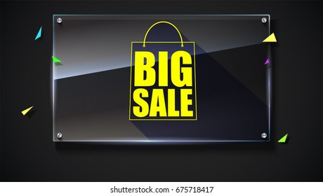 Big sale text banner on black backdrop. Ready to print and use in advertising of products. Selling ad poster for black friday action with sign of shopping bag on glass plate. 3D illustration.