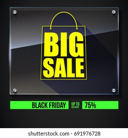 Big sale text banner on black backdrop. Ready to print and use in advertising of products. Selling ad poster for black friday action with sign of shopping bag on glass plate. 3D illustration.