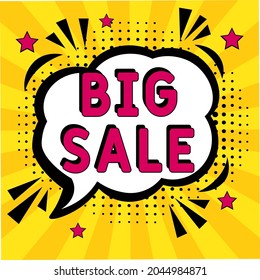 Big Sale text.  Comic book explosion with text Big Sale, vector illustration. Sale promotion symbol. Vector bright cartoon illustration in retro pop art style. 