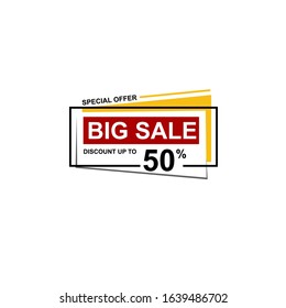 big sale text on red rectangle with white shadowed rectangle, and black outlined rectangle behind it, and also yellow shape behind all of them, discount poster design