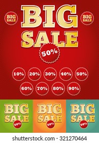 Big sale text and percent tags. Vector design elements set. Print ready CMYK color mode.