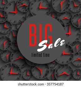 Big sale time 3d business poster mockup, watch objects, shop deal advertising banner, special offer discount, grey background