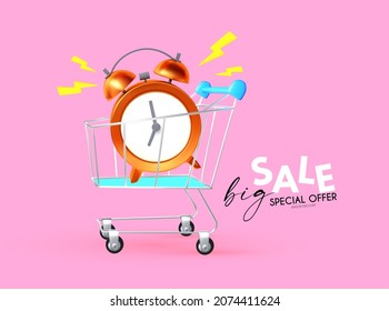 Big sale time. Special offer banner with realistic metal shopping trolley cart and ringing alarm clock