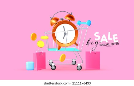 Big sale time. Special offer banner with realistic metal shopping trolley cart, alarm clock, gift bags, boxes and coins