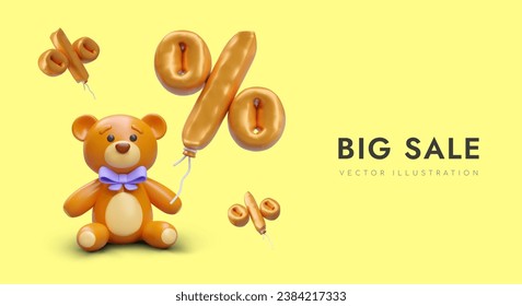Big sale in toy store. Buying gifts for children in web store. 3d realistic teddy bear and gold balloon percent. Vector illustration with yellow background and place for text