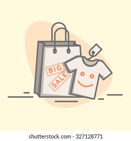 Big sale. T-shirt with smile and bag.Vector outline sign.