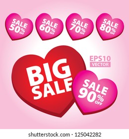 Big Sale Valentine Heart Sticker and Tags with sale 50 - 90 percent text on heart - EPS10 Vector