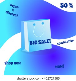 Big Sale vector sale banner. Colorful bright poster with blue shopping bag on abstract background. 