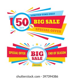 Big sale vector banner - discount 50% off. Special offer creative design layout. Limited time only! End of season. 