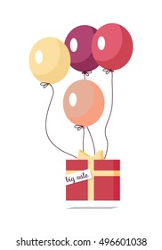 Big sale vector concept. Gift box with bow, and sticker flying on color balloons flat illustration isolated on white background. For holiday discounts promotions, seasonal sales ad design