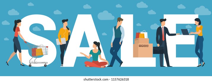 Concepto de vector de gran venta para cabecera de sitio web, tarjeta de saludo y banner, plantilla de presentación. Personajes de diseño plano con letras blancas
