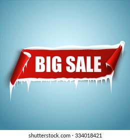 Big sale vector illustration. Red curved paper banner with snow and icicles. Ribbon