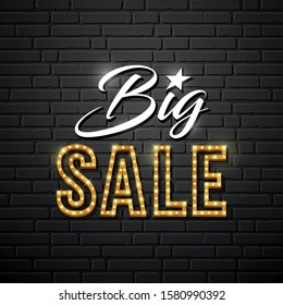 Big sale vector message gold lighting design on wall blocks black background, illustration