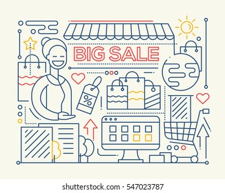 Big sale - vector modern plain line flat design city composition with a storefront and smiling shop assistant