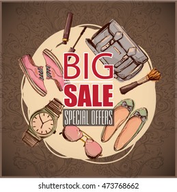 BIG SALE vector poster with fashion accessories.