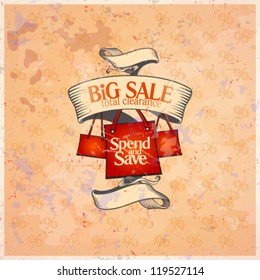 Big sale vintage design with red shopping bags and ribbon