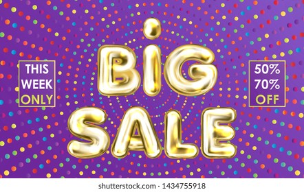 Big Sale violet banner with golden foil balloon lettering
