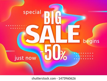 Big Sale for web app banner. Discount special offer marketing poster. Hot fluid design in bright colors for promotion. Big sale promo background template. 50 percent off. Vector illustration