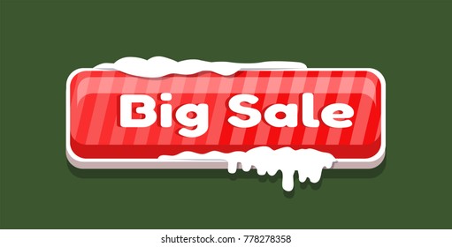 Big sale web button covered with snow, online shopping concept. Website label, creative interface sign isolated on green vector illustration